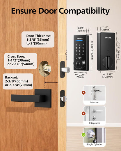 Philips Built-in WiFi Smart Lock, Keyless Entry Door Lock with App, Touchscreen, Fingerprint Door Lock — Compatible with Alexa & Google, Splash-Proof Design, Includes 8 Batteries, Black