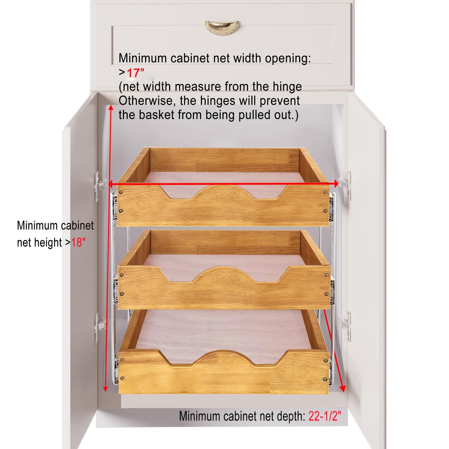 DINDON 3 Tier Pull Out Cabinet Organizer 17”W X21”D Slide Out Shelves With Shelf Liner for Kitchen Wood Roll Out Drawers Pantry Organization