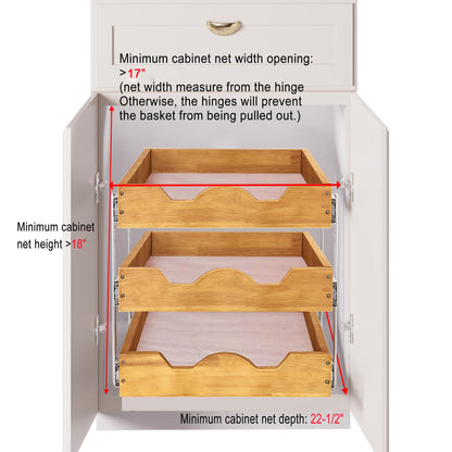 DINDON 3 Tier Pull Out Cabinet Organizer 17”W X21”D Slide Out Shelves With Shelf Liner for Kitchen Wood Roll Out Drawers Pantry Organization