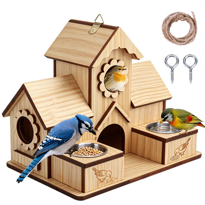 SORNADELUVRIX Bird House for Outdoors, 4-Hole Hanging Birdhouse, Bluebird House with Stainless Steel Feeding Tray, Cedar Wood Nesting Box for Wrens, Chickadees and Swallows