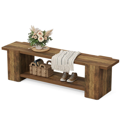 LITTLE TREE Wood Entryway Bench, 63" End of Bed Bench with Storage Shelf, Farmhouse Extra Long Shoe Bench for Entryway, Dining Room, Hallway, Living Room, Bedroom, Double-Reinforced Legs, Brown