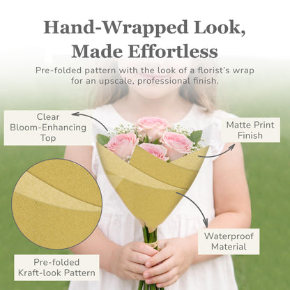 the florist Supply Farm Girl Sleeves 20 Pack 8.8 x 12 x 3 Inch Waterproof Flower Bouquet Wrapping Sleeves, Flower Bouquet Bags, Plastic Floral Sleeves, Gift-Ready for Wedding, Birthday, Brown