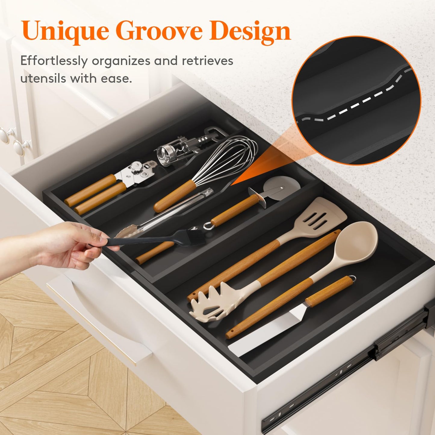 Lifewit Utensil Organizer for Kitchen Drawer, Expandable 13 to 22.4 Inches Wide, Adjustable Cooking Silverware Tray, Bamboo Cutlery Flatware Holder, Spatula Tools and Gadgets Storage Divider, Natural