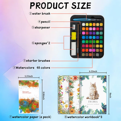 Watercolor Kit for Adults Beginners - 48 Colors Paint Set with 3 Workbooks & 3 Brushes, Step by Step Painting Guide, Create 30 Pictures in 30 Mins, All-in-One Art Supplies Gift