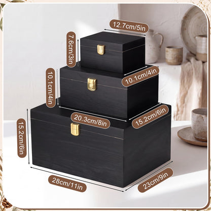 Novabright 3 Pack Wooden Keepsake Box, 3 Size Handmade Decorative Treasure Chest Box, Gift Ideas for Men & Women Jewelry Rings Storage(Black,Pine Wood,Simple)