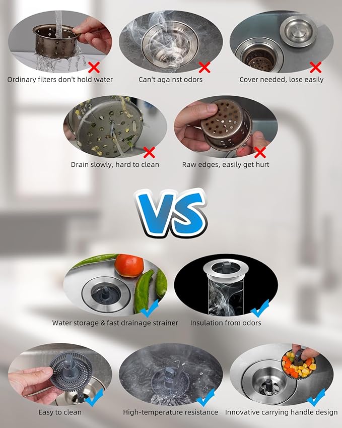 Hibbent 2 Pack 3 in 1 Kitchen Sink Drain Strainer and Stopper Combo, Stainless