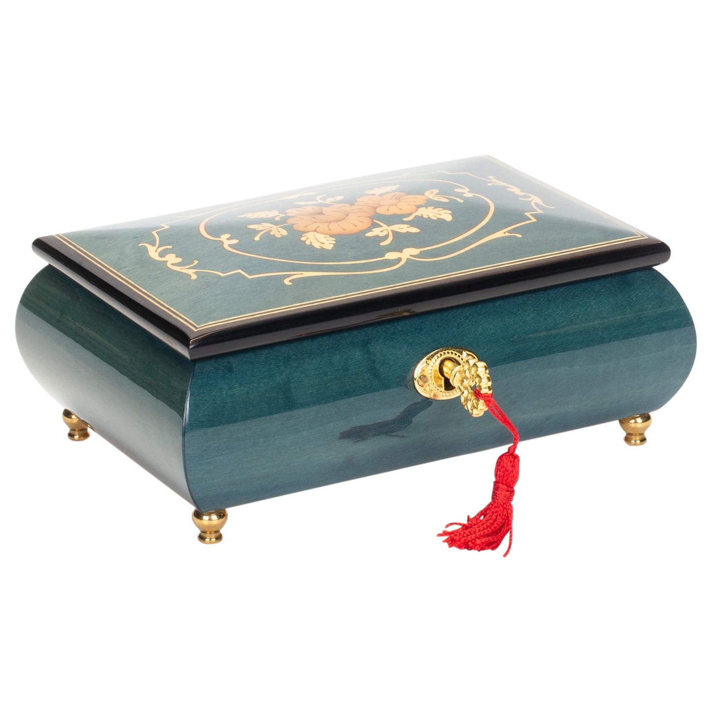 Flower Dark Blue Italian Hand Crafted Inlaid Wood Music Box Plays Swan Lake