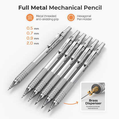 Nicpro 20PCS Metal Mechanical Pencil Set in Leather Case, Art Drafting Pencil 0.3, 0.5, 0.7, 0.9 mm & 2mm Lead Holders, 9 Tube (4B 2B HB 2H Colors) Lead Refills, Erasers For Sketching Drawing