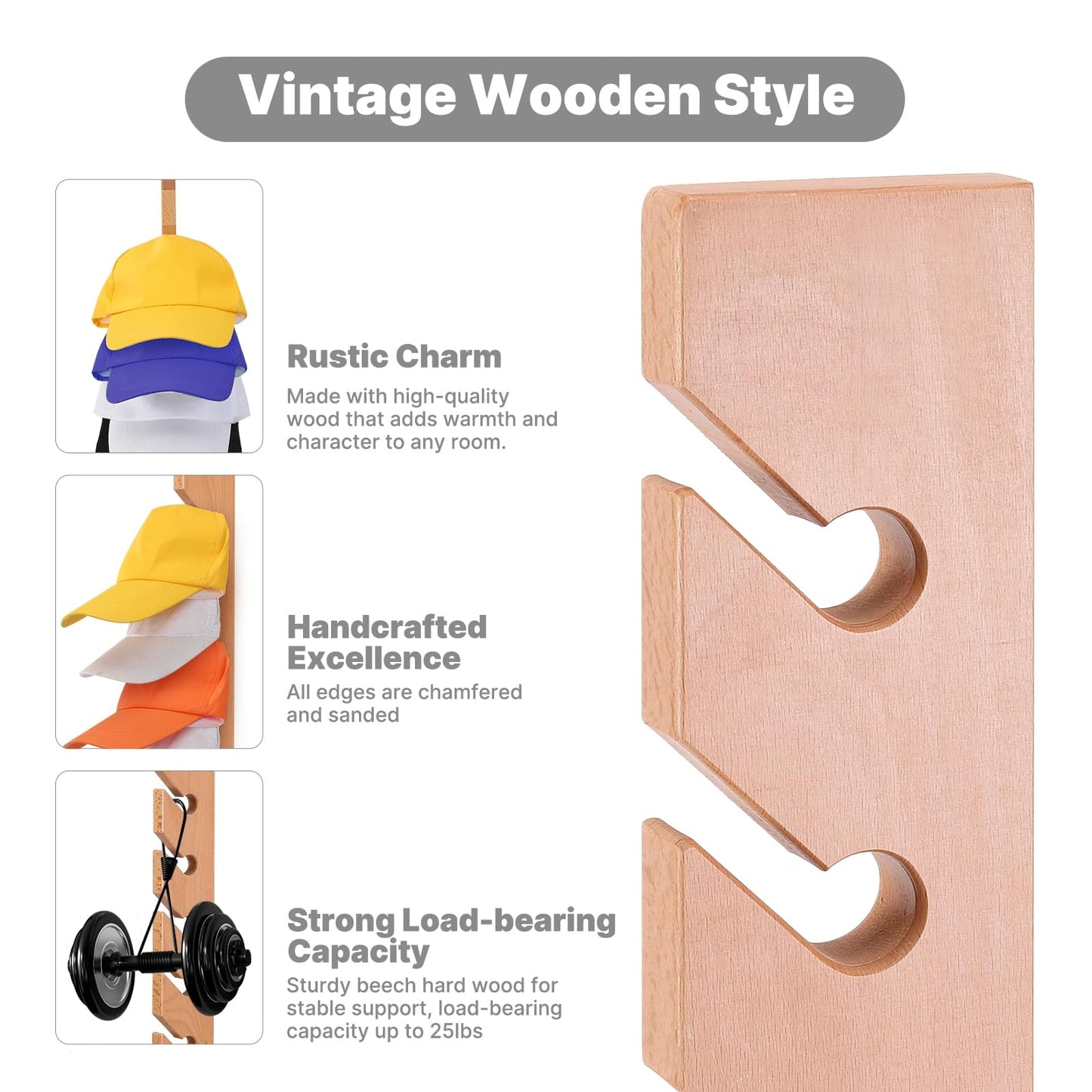 Onzbala Solid Wood Hat Rack for Wall (2 Pack) - 20 Baseball Cap Organizer - Premium Beech Hat Holder & Vertical Display - Heavy Duty Hat Hangers for Closet, Door, Mens Room Decor (Natural)