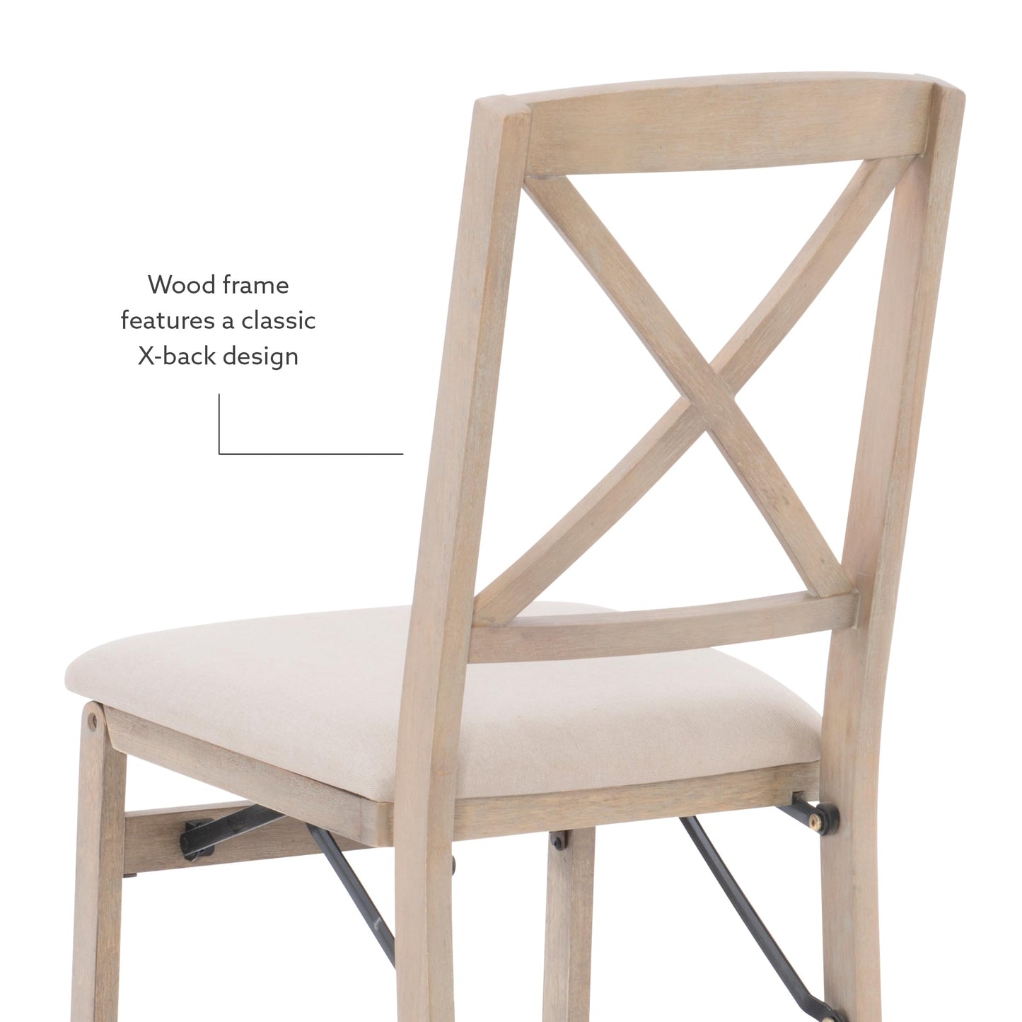 Keira Grey Wash Wooden Folding Chair with Beige Upholstered Seat and Classic Wooden X Back by Linon