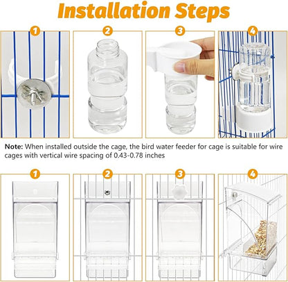 BNOSDM No Mess Bird Feeder Water Dispenser Set Automatic Parrot Feeder Drinker Transparent Food Container 3 Pcs Parakeet Cage Accessories for Cockatiel, Budgies, Conure, Lovebird, Finch (Transparent)