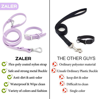 ZALER Dog Collar and Leash Set, Waterproof Adjustable Odor Proof Pet Collars Leashes Easy to Clean, 6FT Dog Leash with 2 Hooks for Large, Medium Small Dogs (XS, Purple)