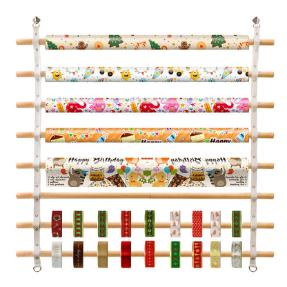 COZFUR Wooden Ribbon Holder Organizer Rack, 8 Tier Wall Mounted Gift Wrapping Holder, Ribbon Spool Dispenser for Craft Room, Flower Shop