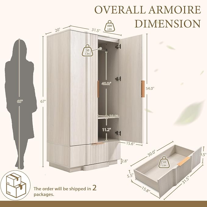 Yechen 67" Fluted Armoire Wardrobe Closet with Doors and Drawer, Wooden Wardrobe Cabinet with Adjustable Shelve, Modern Small Armoires for Hanging Clothes Coats for Bedroom, White Grey
