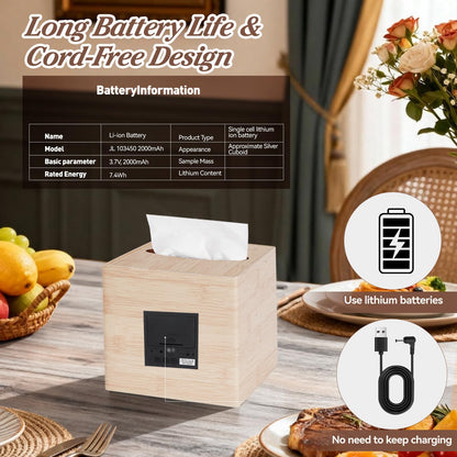 ANHUXINLEI Wooden Tissue Box Cover - Digital Square Holder with Dimmable Alarm Clock, Temperature and Date Display - Cordless Home Decor for Office Desk, Nightstand and Bedroom Organization