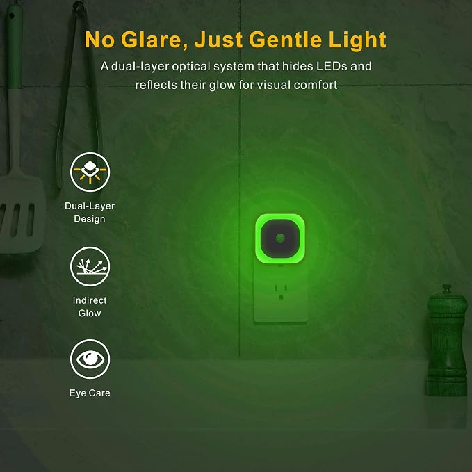 YUNLEX 2 Pack Plug in Night Light with Motion Sensor & Dusk to Dawn Sensor, 3 Sensor Modes, Auto ON/Off, Dimmable Reflected Light, Calming Green LED for Home Office, Hallway, Bathroom