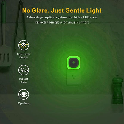 YUNLEX 2 Pack Plug in Night Light with Motion Sensor & Dusk to Dawn Sensor, 3 Sensor Modes, Auto ON/Off, Dimmable Reflected Light, Calming Green LED for Home Office, Hallway, Bathroom