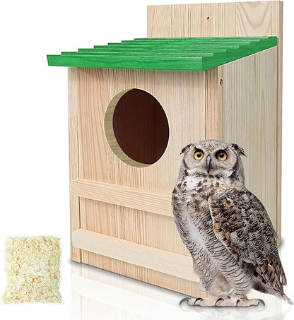 Screech Owl House, Owl Bird Box Large Handmade Wooden Circular Opening Screech Box for Outside with Mounting Screws and A Bag of Wood Shavings, Easy Assembly Required (Green, 9" x 14.5")