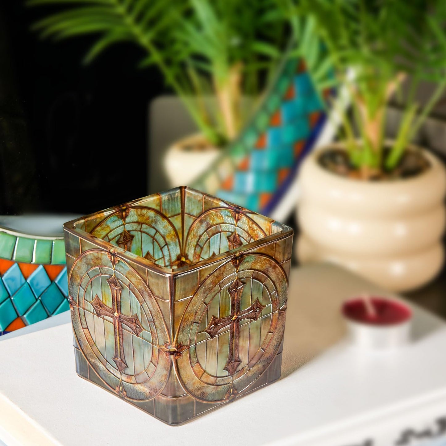 Square Glass Vanity Organizer Religious Cross Altar Ofrenda Qtip Holder Makeup Brush Holder Pen Cup Tealight Candle Holder Table Decor Green