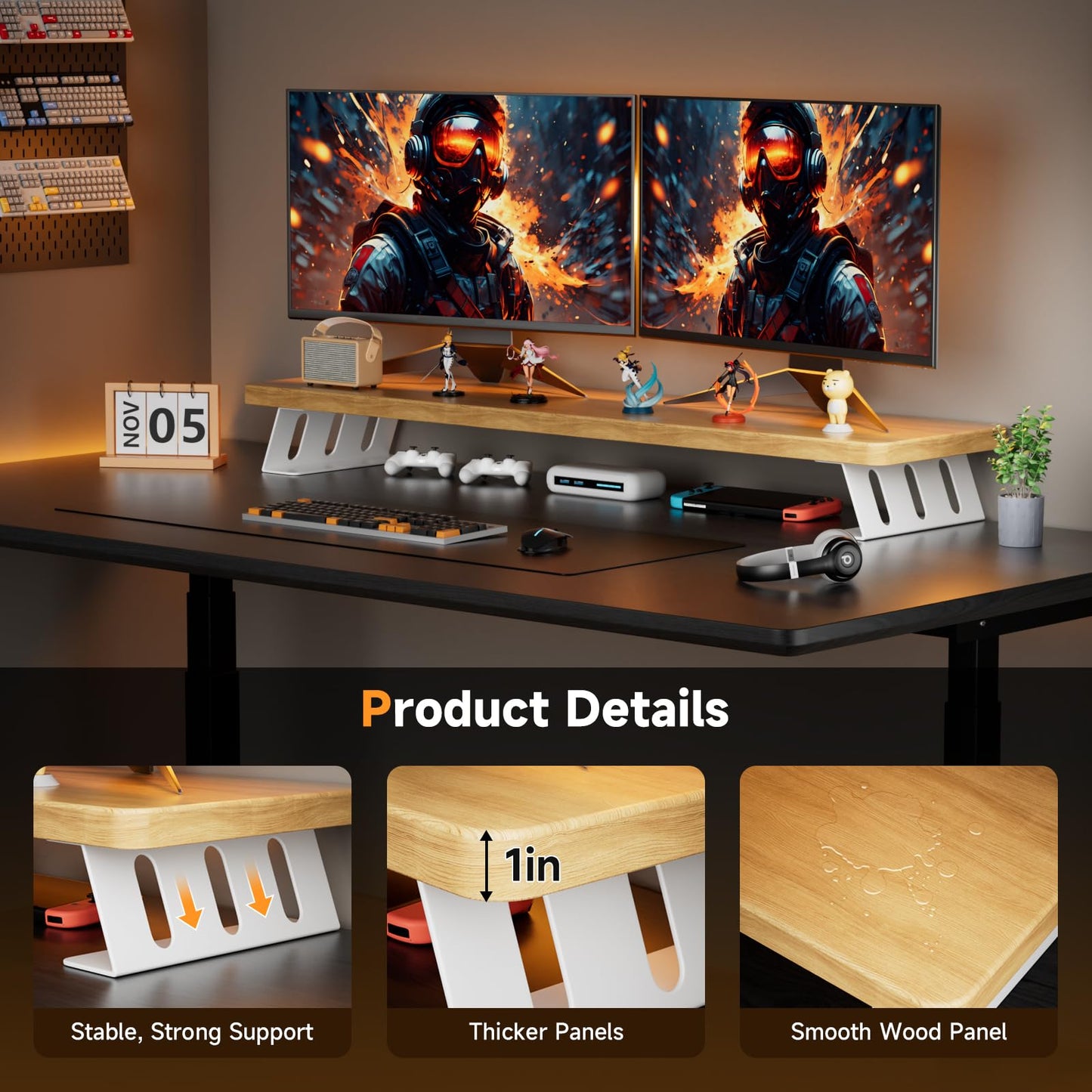 NestNeat Dual Monitor Stand Riser, 39 Inch Large Wood Monitor Stands for 2 Monitors, Desk Monitor Riser for Computer/Laptop/Printer/TV, Stand Riser up to 220 lbs