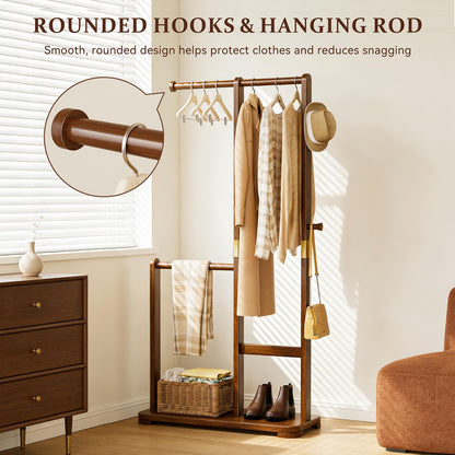 Wamhom Solid Wood Coat Rack, Freestanding Standing Clothes Rack with Double Hanging Rods for Coats, Jackets, Wooden Coat Tree Garment Rack for Bedroom Entryway Hallway, Space Saving Small Coat Rack