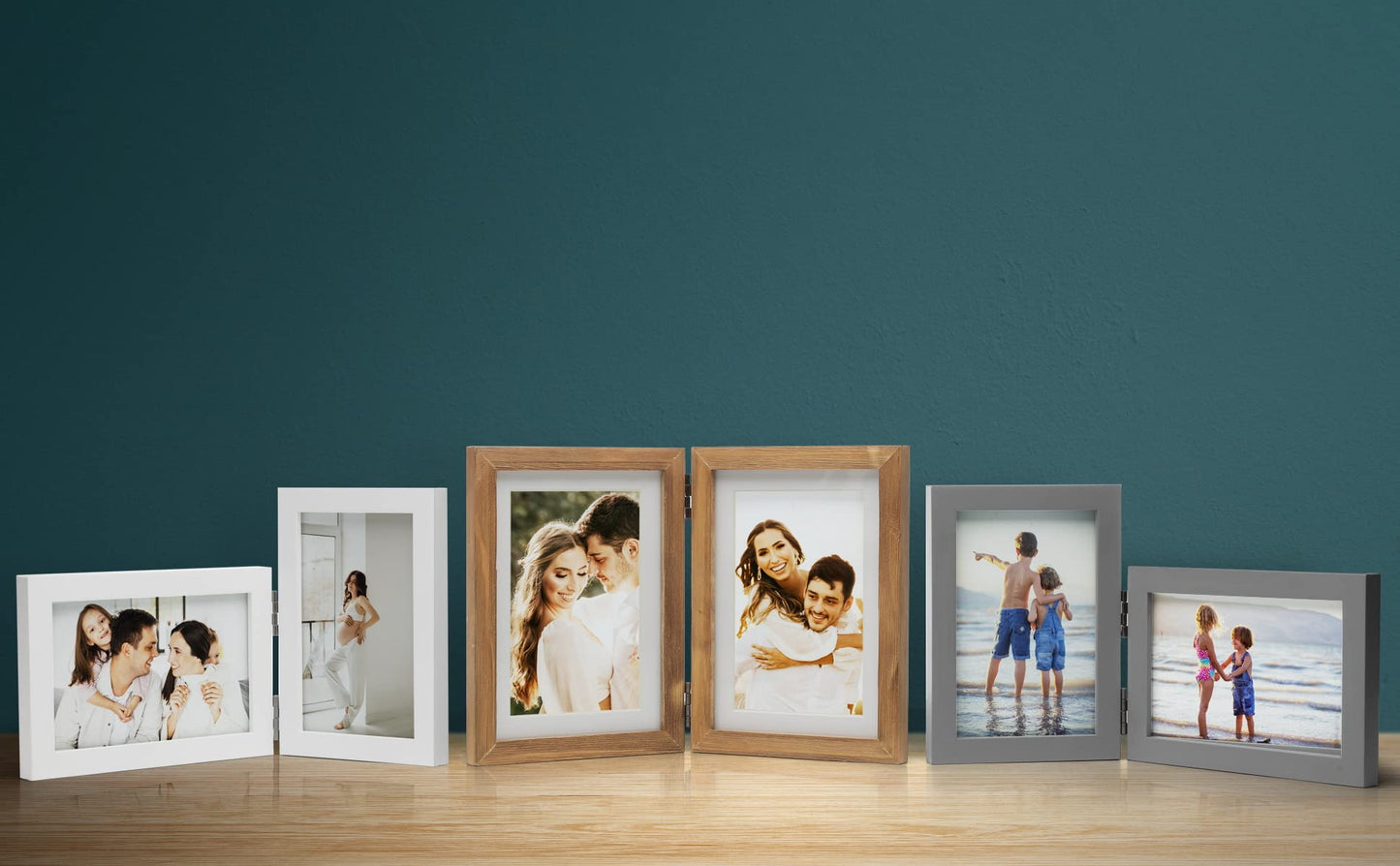 Janreefan Double 4X4 Picture Frames Hinged Folding Rustic Photo Frames in Brown for Wall Hanging or Tabletop Standing, Made of Pine Wood with Real Glass P-44 * 2-MU