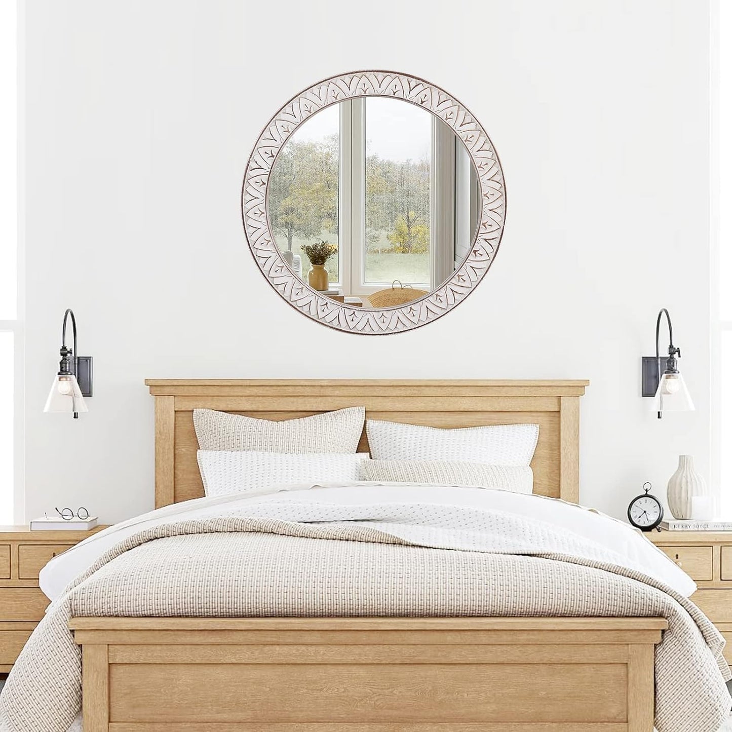 fuxuiwy 20" Round Rustic Mirror Wooden Frame Circle Mirrors, Distressed Wall Mounted Mirror for Bathroom, Bedroom, Living Room, Entryway, Fireplace, Hall