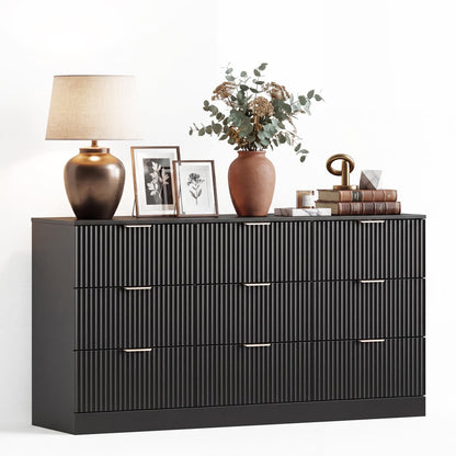 MALOL Fluted 9 Drawer Dresser for Bedroom, 59" Wide Wood Chest of Drawers with Metal Handle, Long Dresser Storage Organizer TV Stand for Closet, Living Room, Hallway, Black