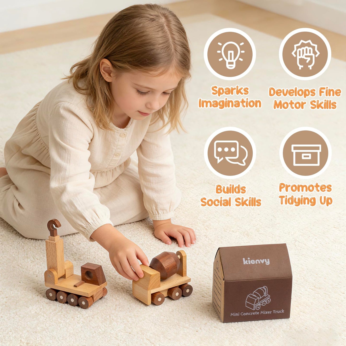 kienvy Wooden Toy Cars for 3 Year Old Boys & Girls - Construction Vehicles Set Push Toys for Toddlers, Wood Montessori Car with Rolling Wheels, Natural Wood Toys (Crane & Concrete Mixer Truck)