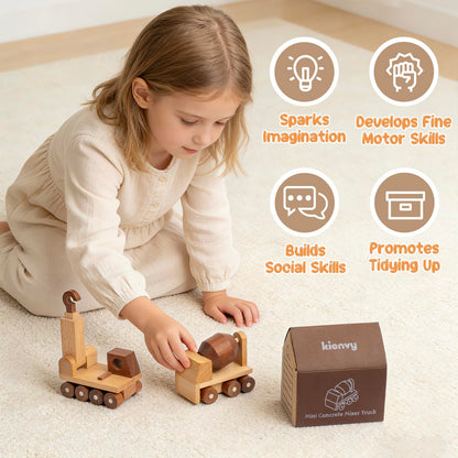 kienvy Wooden Toy Cars for 3 Year Old Boys & Girls - Construction Vehicles Set Push Toys for Toddlers, Wood Montessori Car with Rolling Wheels, Natural Wood Toys (Crane & Concrete Mixer Truck)