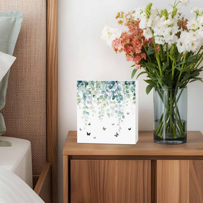 Wood Box Sign Desk Decor Sage Green Eucalyptus Leaves Butterfly Square Boxes Sign, Botanical Wooden Block Box Sign Decoration for Home Wall Tabletop Shelf Office Decor,6x6IN