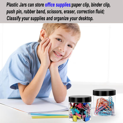 WYIPOLZI 12oz Plastic Jars with Lids, 24 Pack Clear PET Jars Containers with Black Lids, Leakproof Round Plastic Storage Jar with Pen & Labels for Dry Food Storage, Candy, Crafts
