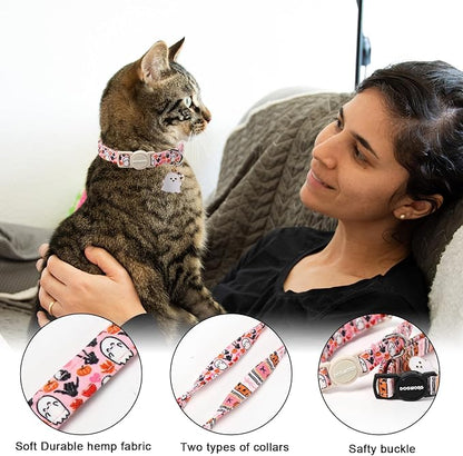 2 Pack Fall Cat Collars Breakaway with Bell, DOGWONG Safety Buckle Fall Halloween Ghost Cute Cat Collar for Girl Boy Cats，Adjustable 7-12 Inch