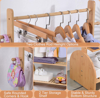BAMBOOHOMIE Kids Clothing Rack with Adjustable Rods, Children Clothes Garment Rack for Kids Baby Pet, Kids Dress Up Rack with 2 Bottom Shelves, Kids Wardrobe Closet for Toddlers Nursery (Natural)