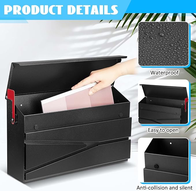 Yaocom Wall Mount Mailbox Large Capacity Mailbox for Outside Galvanized Steel Rustproof Metal Mail Drop Post Modern Collection Box Postbox 15.75" x 9.84" x 4.33", No Keys Locking (Black,Flag)