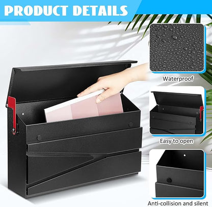 Yaocom Wall Mount Mailbox Large Capacity Mailbox for Outside Galvanized Steel Rustproof Metal Mail Drop Post Modern Collection Box Postbox 15.75" x 9.84" x 4.33", No Keys Locking (Black,Flag)