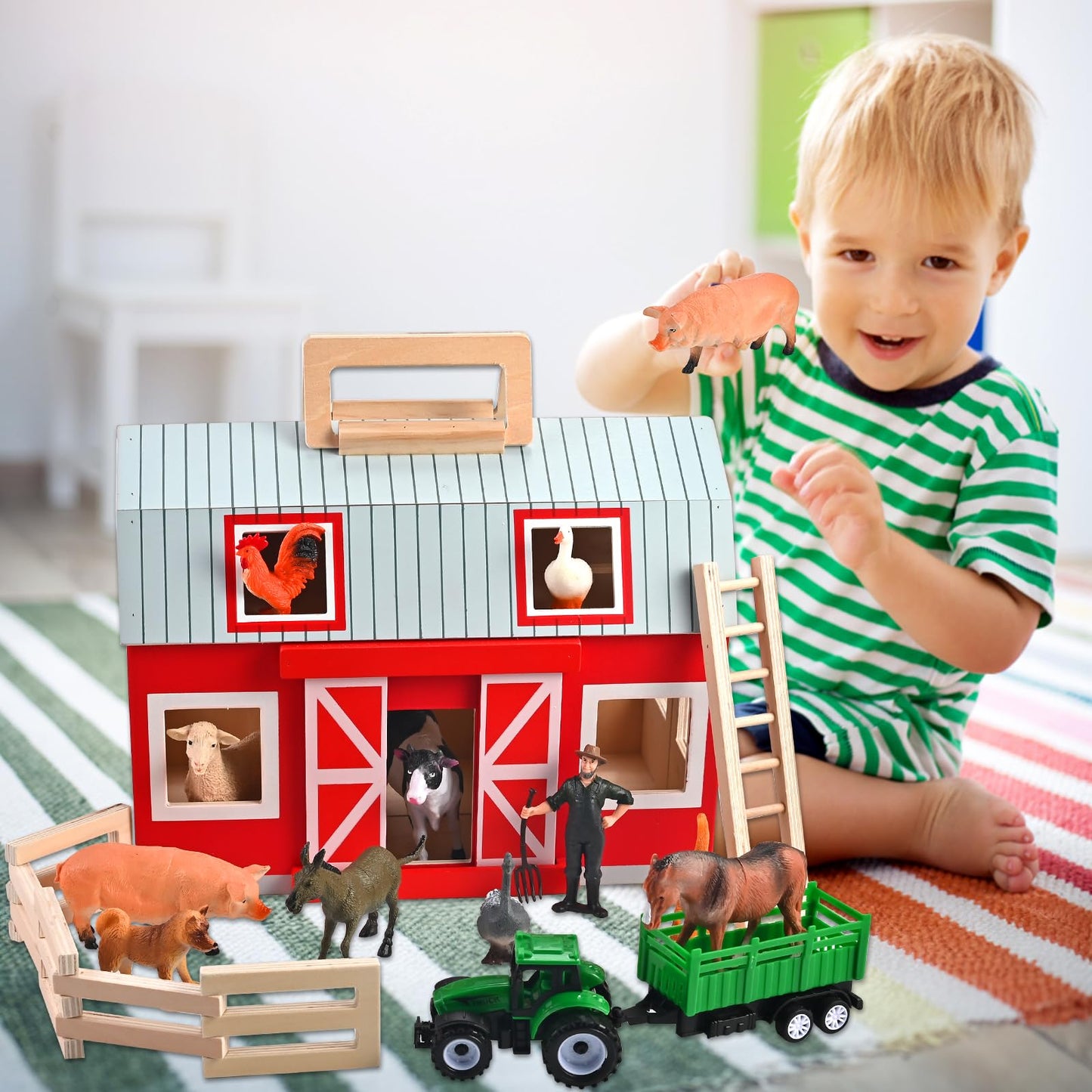 WoodTrove Wooden Barn Toys, Play Barn with 12 Animal Play Figures for 3+ Years Old, Toy Barn and Farm Animals，Wooden Barn Playset for Christmas Birthday Gift for Boys Girls