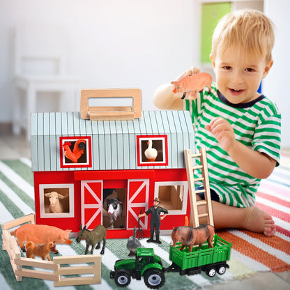 WoodTrove Wooden Barn Toys, Play Barn with 12 Animal Play Figures for 3+ Years Old, Toy Barn and Farm Animals，Wooden Barn Playset for Christmas Birthday Gift for Boys Girls