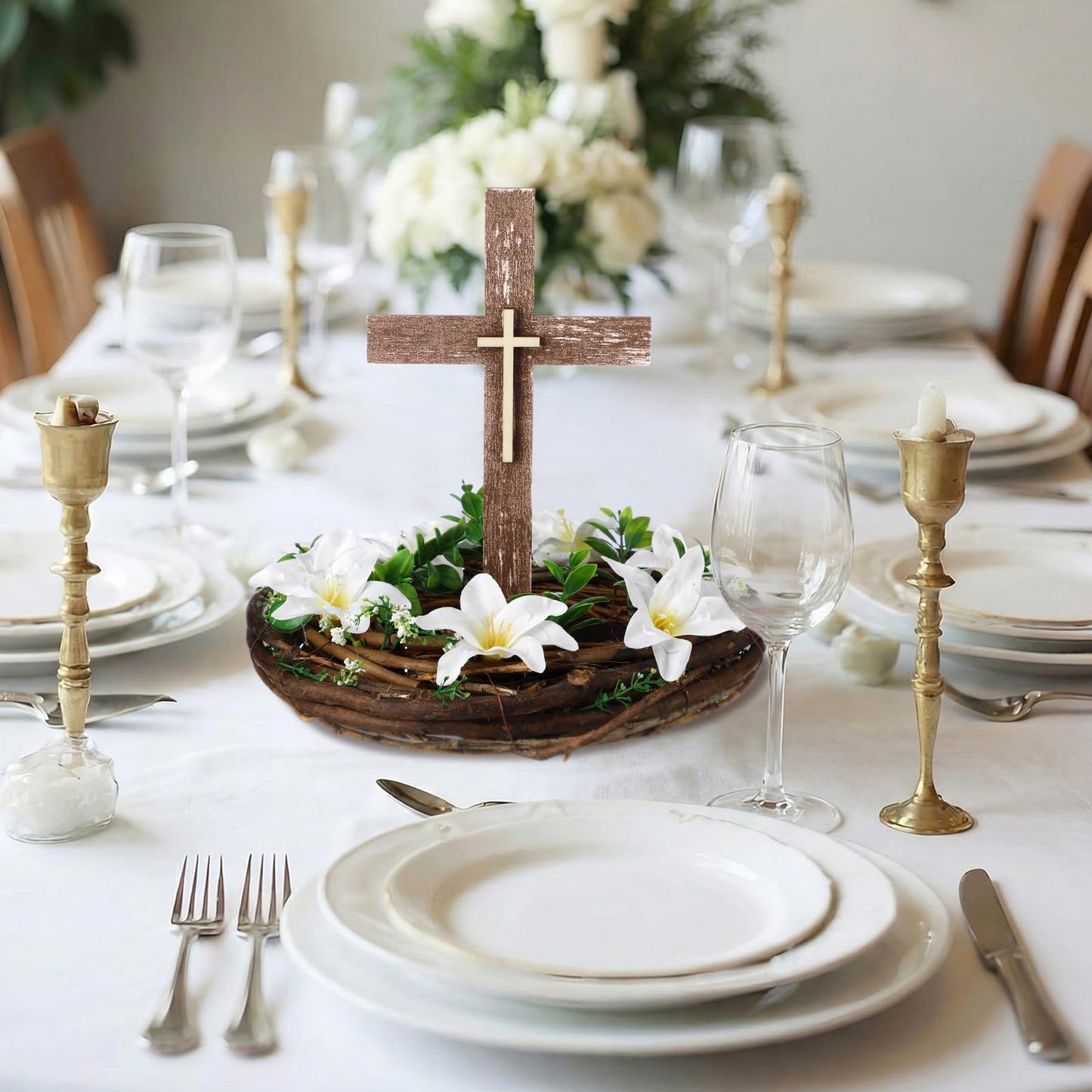 Kathfly First Holy Communion Cross Table Decor with Flower Wreath Standing Wooden Cross First Communion Religious Tabletop Signs Christian Baptism Centerpieces for Easter Rustic Farmhouse Decor Gift