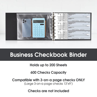 7 Ring Check Binder, 3-On-A-Page Business Checkbook Holder, 500 Checks Capacity, with 2024-2030 Calendar Organizer, Sleek Business Design (Black)
