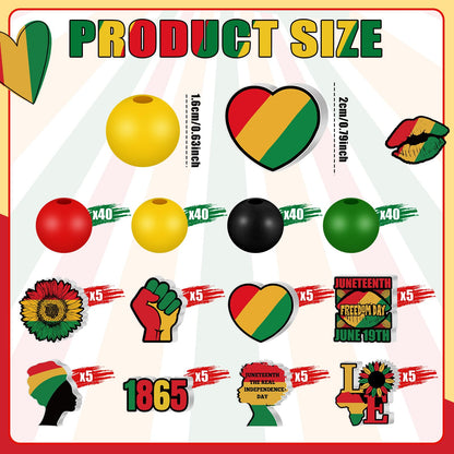 Waydress 200 Pcs Juneteenth Wooden Beads African Red Green Yellow Wood Beads Bulk 1865 Freedom Day Ball Ornaments with Hemp Rope for American Juneteenth Black History Month Home Party Decor DIY Crafts