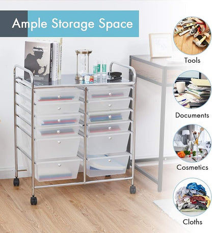 LDAILY 12 Drawer Rolling Storage Cart, Craft Cart Organizer on Wheels w/Metal Frame, Large Capacity & Smooth Drawer, Rolling Cart w/Drawers for Classroom, Office