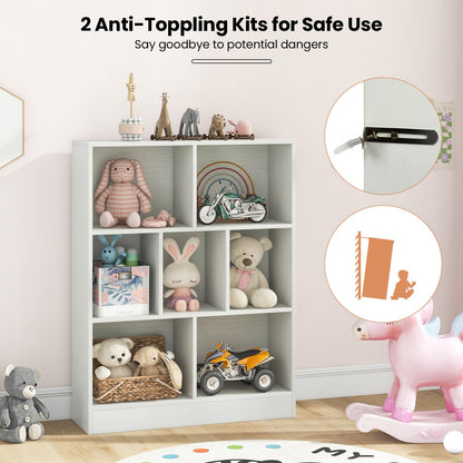 Costzon 7-Cube Bookshelf for Kids, Wooden Toy Storage Organizer w/ 2 Anti-Toppling Kits, 3 Tier Open Shelves & Non-Slip Foot Pads, Montessori Toy Shelf for Kids Rooms, Playroom, Classroom, Nursery
