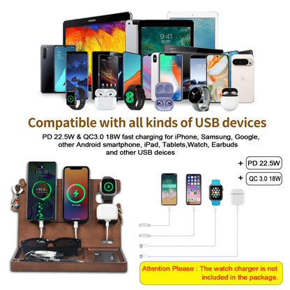 Xunhomon Wood Phone Docking Station Nightstand Organizer Charging Station with QC 3.0 & PD22.5W Fast Charger for iPhone Samsung Android Watch Airpod Anniversary Birthday Gifts for Men