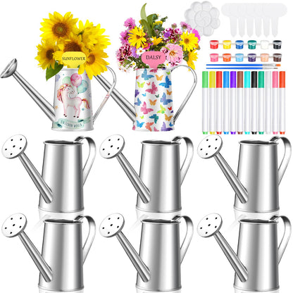 Reallnaive 6 Set Summer Crafts DIY Flower Gardening Kit Metal Succulent Pots Paintable Watering Can Planters Ready to Paint Plant Pot Unpainted Flower Pots Bulk for Classroom
