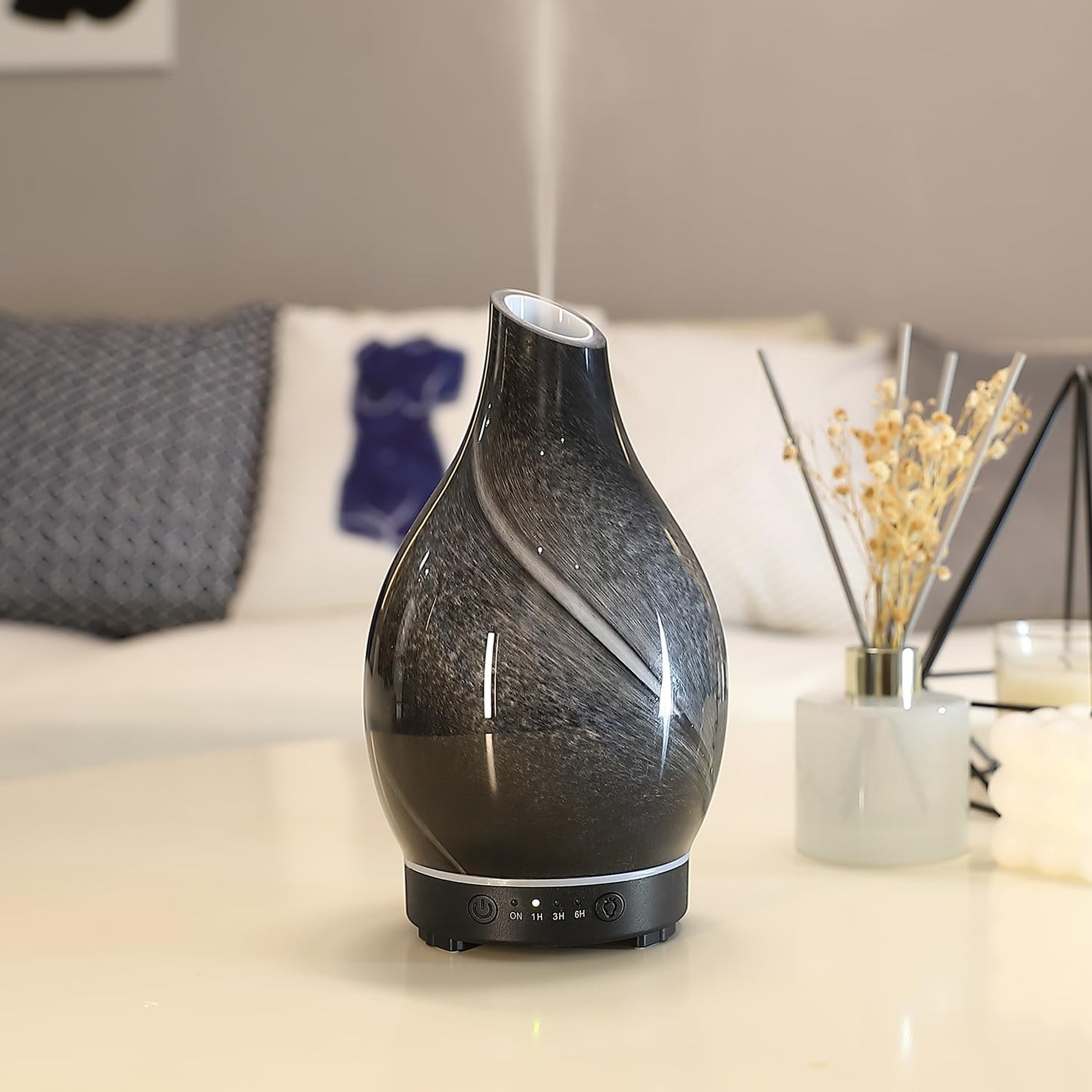 Essential Oil Diffuser Hand Blown Glass Aromatherapy Diffuser - Ultrasonic Cool Mist Scent Aroma Diffuser, Whisper Quiet with Auto Shut-Off, Timer Setting &7 Colors Night Light for Home