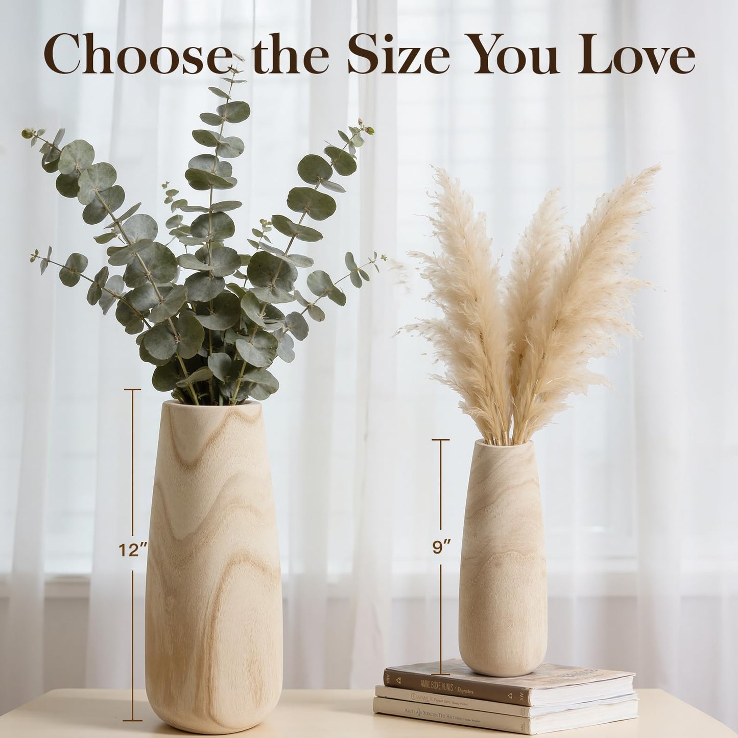 Natural Wood Vase for Dried Flowers – 12 Inch Decorative Table Vase