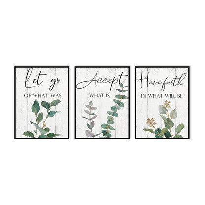 Inspirational Wall Art Office Decor: 3 Piece Motivational Quotes Wall Art 12"x16",Accept Let Go Have Faith Wall Decor for Office,Eucalyptus Pictures Framed Hanging Inspirational Posters for Bedroom