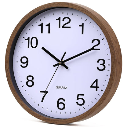 TOHOOYO Wall Clock 12 Inch Wooden Frame Glass Cover Non-Ticking Number Quartz Modern Quartz Design Decorative Bedroom Kitchen Office Classroom Dark Brown