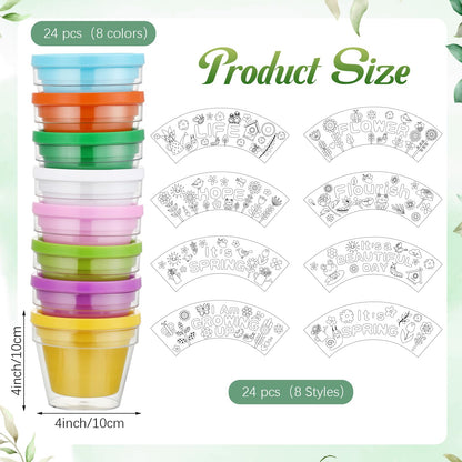 Meanplan 24 Pcs Spring DIY Flower Pots, Color Your Own Flowerpots Bulk Colorful Plastic Garden Pot Crafts Painting Kit for Adults DIY Art Projects Fun Activities